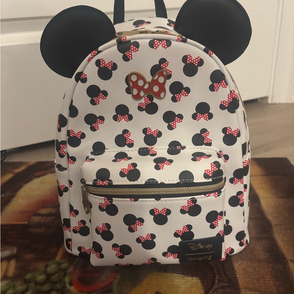 Disney Kids White Minnie Mouse Ear Backpack with Red Bow